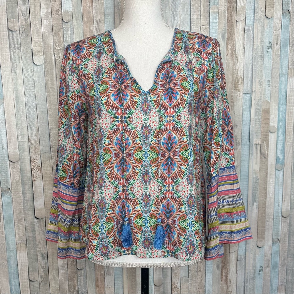 Sundance PXXS Colorful Printed‎ Andalusia Peasant Top Blouse Boho Bell Sleeve